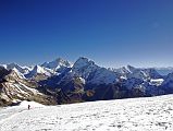 
The view from Mera Peak is one of the best in the world with five of the world's six highest mountains visible. From the north, the view included Peak 41, Baruntse, P6770, Kangchungtse and Makalu (#5), Hongu Chuli, Chamlang, Peak 5, Peak 6 Mount Tutse, and far off to the east Kangchenjunga (#3) and Jannu. Magnificent!
